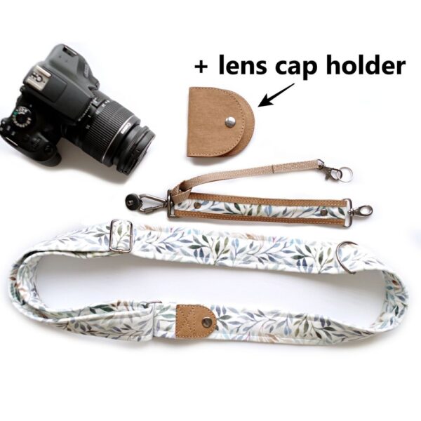 Mockup with camera, sling camera strap and lens cap holder